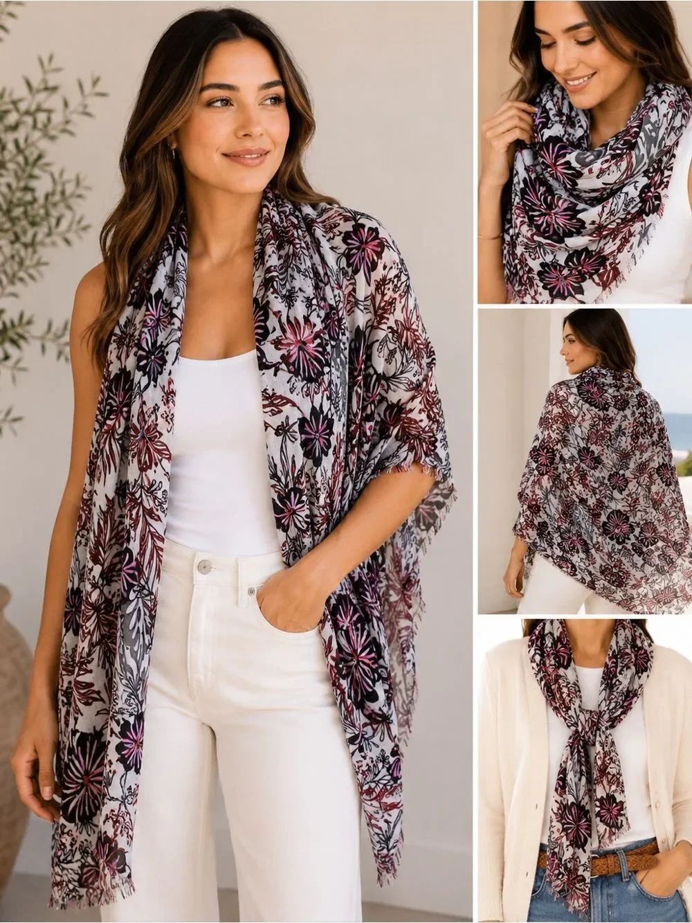 Vera Bradley Floral Tropical Scarf Wrap Shawl Rayon Fringe 26 x 72 Boho